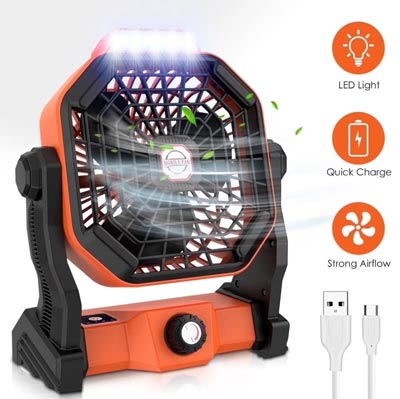 Uarter Camping Fan with LED Light, 10 inch Stepless USB Rechargeable Outdoor Fans, 7800mAh Battery Desk Fan, 270 Rotation, for Tent, Office,Bedroom,