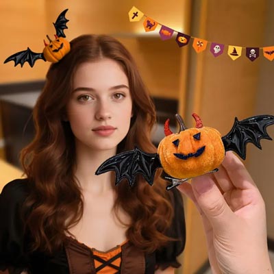 Halloween Pumpkin Hair Clip with Devil Bat & Pumpkin Design