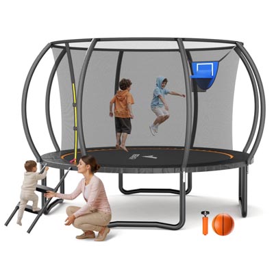 Merach Trampoline 10ft Backyard Recreational Pumpkin Trampoline with Safety Enclosure Net and Ladder