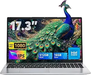 MALLRACE 2025 Laptop,17.3-Inch FHD Display Laptop with Quad Core-12th Alder Lake N97(Up to 3.6GHz), 16GB RAM 512GB ROM Traditional Laptop Computer, 6000Mah Battery,Silver