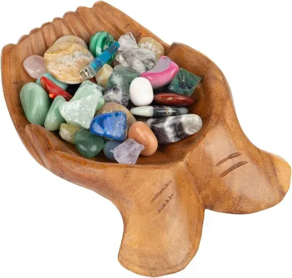 Curawood - Carved Hands Offering Bowl, Wooden Hands Bowl for Keys, (L)