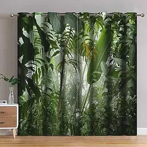 Jekeno - Tropical Rainforest Green Plant Blackout Curtains, 52"x84", 2 Panel Set, Nature Scenery Decor