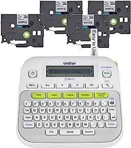 Brother - P-Touch, PTD210, Easy-to-Use Label Maker Bundle (4 Label Tapes Included), Small, White
