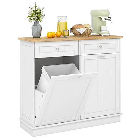 Costway Kitchen Tilt Out Trash Cabinet w/ 2 Drawers and Adjustable Shelf (White)