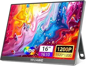 WUAWE 16″ Portable Monitor 1920x1200P USB-C HDMI, IPS HDR Freesync Gaming Monitor, Plug&Play for PC Mac Phone PS5 Switch(Silver)