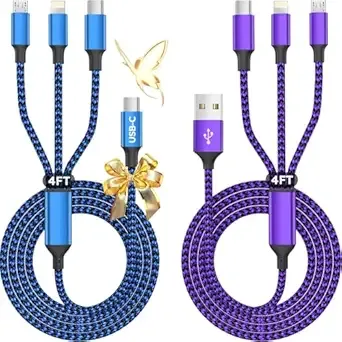 USB A + USB C Multi Charging Cable, 3 in 1 Charging Cable, Universal Chargers for Multiple Devices, Phone Charger Cord with Type C, Micro USB, IP Ports for iPhone16/15 Series/Cell Phones (2Pack 4FT)
