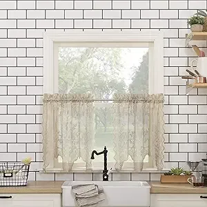 No. 918 Alison-Tr 58" x 24"Floral Lace Sheer Rod Pocket Kitchen Curtain Tier (Pair)