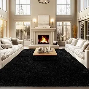 Area Rugs 9x12 Living Room, Large Fluffy Black Rugs for Bedroom, Soft Shag Shaggy Fuzzy Carpets for Boys and Girls Dorm Room Home Decor (9ft x 12ft, Black)