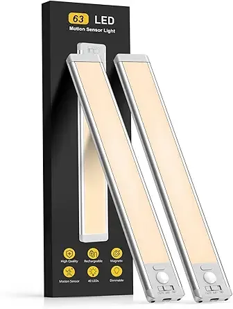 14.7inch Under Cabinet Lighting, 2 Pack Rechargeable Motion Sensor Light Indoor, 5 Levels Dimmable Magnetic Closet Lights, Wireless Under Counter Lights for Kitchen, Stairs,Hallway