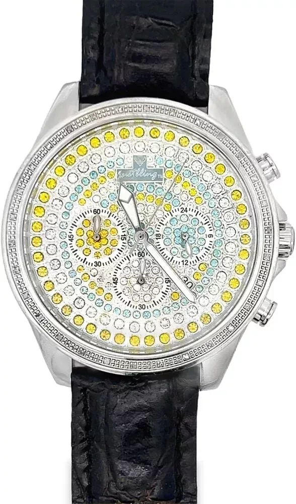 HipHopBling .30cttw Diamond Multi Color Pave Dial Watch w Leather Band