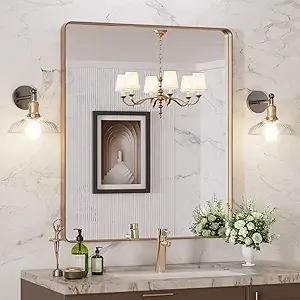 LOAAO - 30”X36” Gold Bathroom Mirror, Rounded Rectangle, Brushed Gold, Wall-Mounted, Anti-Rust, Tempered Glass