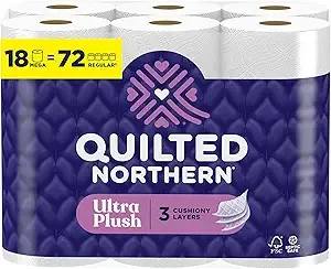 Quilted Northern Ultra Plush Toilet Paper, 18 Mega Rolls  72 Regular Rolls, 3X Thicker*, 3 Ply Soft Toilet Tissue