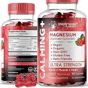 Magnesium Glycinate Gummies, 1000 mg - Magnesium Supplement to Support Relaxation, Heart Health - Chewable Calm Magnesio Gummies for Adults, Glicinato De Magnesio - Strawberry Flavor