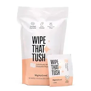 Wipe That Tush On-The-Go Flushable Wet Wipes - 1 Pack, 30 Wipes - Individually Wrapped Extra-Large Wipes with Aloe - Hypoallergenic & Unscented - Septic and Sewer Safe