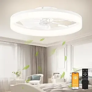 VOLISUN - Low Profile Ceiling Fans with Lights, 23.6in, Dimmable LED, Bladeless, Bedroom, White