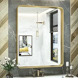 TokeShimi Gold Bathroom Mirror for Wall 30 x 36 Inch Metal Rounded Corner Rectangle Mirror Metal Frame Deep Set Design Hangs Horizontal Or Vertical