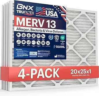 BNX - TruFilter Air Filter, 20x25x1, MERV 13 (4-Pack), MADE IN USA, for Allergies, Pollen, Mold, Bacteria, Smoke