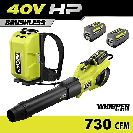 RYOBI 40V HP Brushless Whisper Series 190 MPH 730 CFM Leaf Blower and Backpack Battery w/ (2) 6.0 Ah Batteries & Charger RY404180 - $149.99