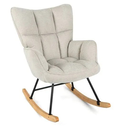 Costway Linen Nursery Rocking Chair with High Backrest and Padded Armrests