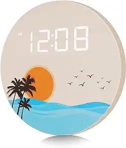 USB Plug in Digital Wall Clock, Sunset Ocean Wave Design, 12/24Hr Wall Mounted Digital Clock, LED Wooden Silent Wall Clock for Living Room Bedroom Classroom Office (10In Off White)